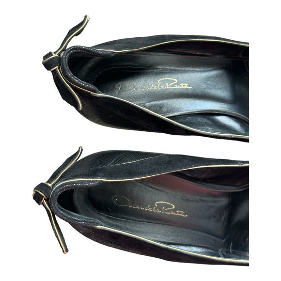 Oscar de la Renta Suede Leather Pumps Heels Bow Accent Black Size 41 EU/10 US - Picture 10 of 12